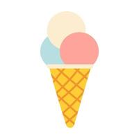 A cartoon ice cream cone with three different colored ice cream balls in it. The cone is yellow and the ice cream balls are blue, pink, and white vector