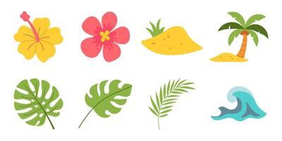 A collection of tropical plants and a wave. The plants include a palm tree, a flower, and a leaf vector
