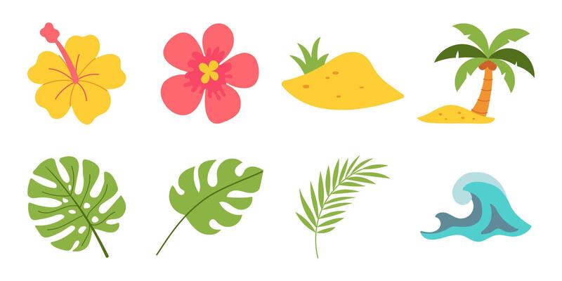 A collection of tropical plants and a wave. The plants include a palm tree, a flower, and a leaf