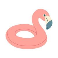 A pink flamingo is sitting on a pink inflatable pool. The flamingo is looking at the camera vector