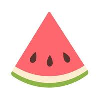 A watermelon slice is shown in a cartoon style. The slice is pink and green, with a green stem. The slice is cut in half, revealing the juicy red fruit inside. The image has a playful and fun mood vector