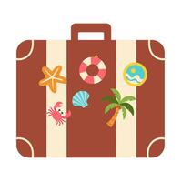 A suitcase with a crab, starfish, and other sea creatures on it. The suitcase is brown and has a white stripe vector