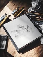 Sketchpad on a table with coloring materials. photo