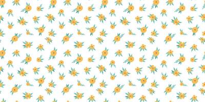 Yellow flowers and leaves seamless pattern with tiny floral elements on white background for wallpaper, textile prints, nursery decor, wrapping ppaer, digital paper, stationery, etc. EPS 10 vector