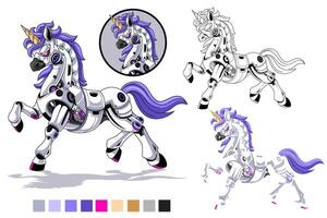 Unicorn Robot Illustration with outline and color palette vector