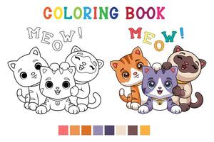 three cute cartoon kittens of different types playing together in coloring book style vector