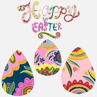 three colorful eggs with the words happy easter vector