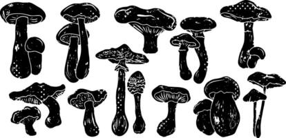 a set of black and white hand drawn mushrooms vector