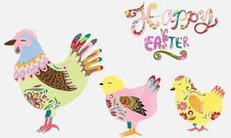 three colorful chickens with the words happy easter vector