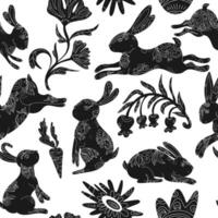 seamless pattern with black rabbits and flowers vector
