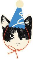 Funny Quirky Cat in Party Hat. Sticker with Vintage Texture. vector