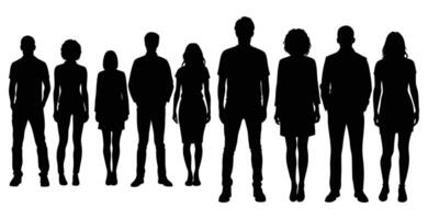Silhouettes of a Diverse Group of Eight People Standing Together in a Row vector