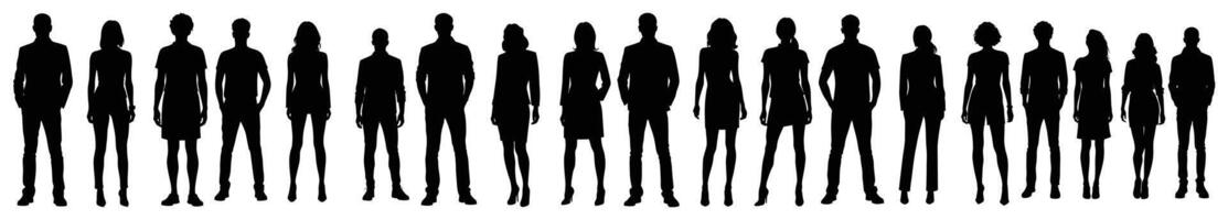 Silhouettes of Diverse People Standing in a Row, a Group of Individuals in Black and White vector