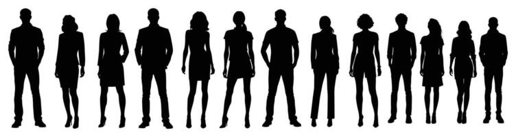 Silhouette of a diverse group of men and women standing in a row, showcasing various fashion styles and body types vector