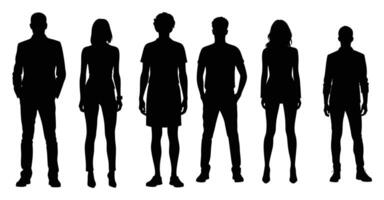 Silhouettes of six diverse individuals standing in a row, showcasing different body types and attire vector