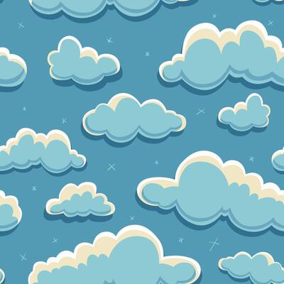 Seamless pattern featuring fluffy cartoon-style clouds against a vibrant blue sky