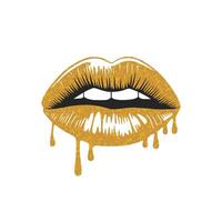 Glossy lips coated in shimmering gold glitter, featuring a captivating dripping effect vector