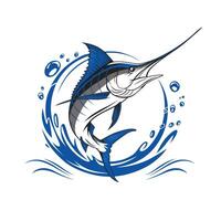Illustration of a marlin fish leaping out of the water, surrounded by splashes and bubbles vector