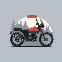 Vintage motorcycle graphic featuring a red tank, pine trees, moon, and bold typography about exploration vector