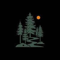 Minimalist forest scene featuring tall evergreen trees, a winding path, and a setting sun vector