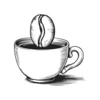 Monochrome sketch showcasing a steaming cup of coffee with a floating coffee bean vector