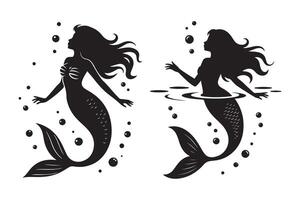 Elegant Black and White Silhouette of Two Mermaids in Underwater Setting vector