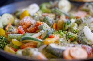 Colorful Frozen Vegetable Mix in Frying Pan photo