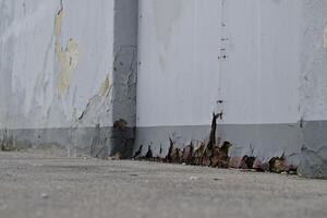 Close-up of a weathered wall with a built-up double door with peeling paint and moisture damage photo