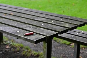 Weathered Picnic Table with Red Lighter photo