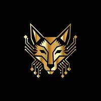 a golden fox head on a black background. Technology Monogram design template vector