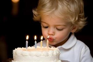 A young boy blowing out candles on a cake photo