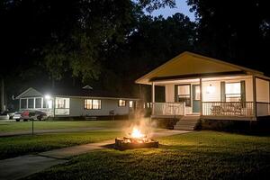 A fire pit in the grass next to a house photo
