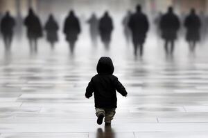 A child walking in the rain with a crowd of people in the background photo