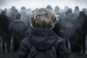 A boy standing in front of a crowd of people photo