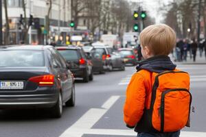 A young boy with a backpack standing in the middle of a busy street photo