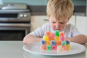 A young boy is sitting at the table with a plate full of colorful gummy bears photo