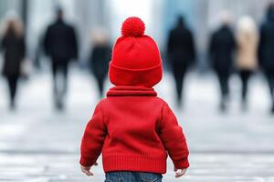 A small child wearing a red hat and a red coat photo