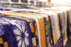 A row of colorful quilts on display photo