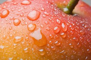 A close up of a red apple with water droplets on it photo