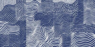 Hand drawn brush lines abstract patchwork collage waves and water with stitching texture pattern, Japanese Sashiko traditional embroidery handcraft inspired surface experimental background vector