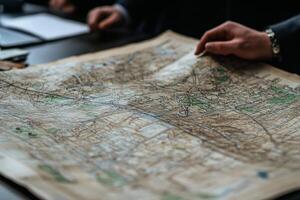 A person is pointing at a map on a table photo