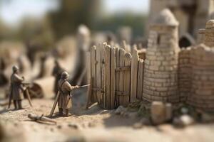 Miniature people standing in front of a wooden fence photo