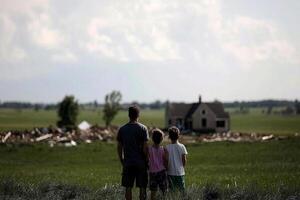 A family stands in front of a house that has been destroyed photo