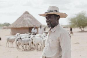 A man in a hat standing in front of a herd of sheep photo