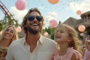 A man and two children are smiling while standing in front of balloons photo