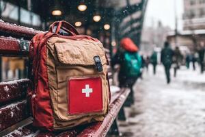 A backpack with a swiss cross on it sits on a bench in the snow photo