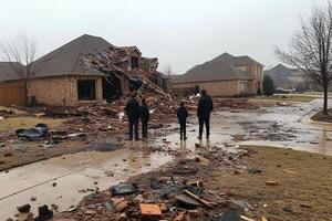 Two people stand in front of a house that has been destroyed photo