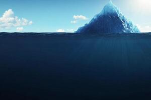 An iceberg floating in the ocean with the sun shining photo