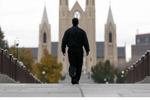 A man walking down a bridge in front of a cathedral photo