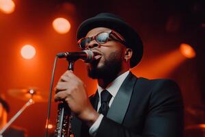 A man in a suit and hat singing into a microphone photo